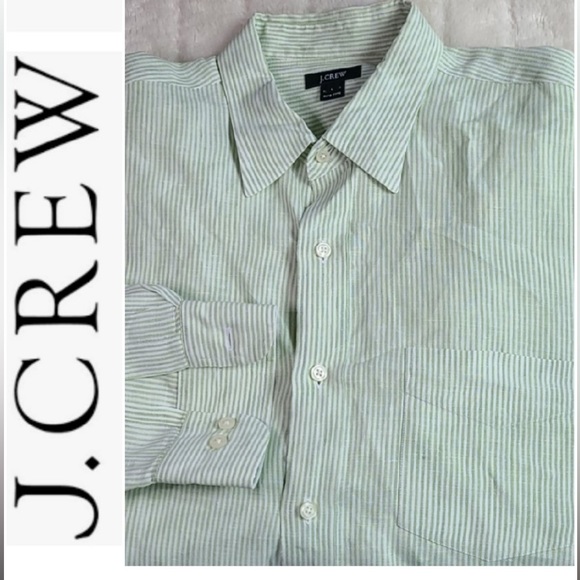 J. Crew Linen Long Sleeve Green Stripe Button down Shirt sz L - Picture 2 of 11